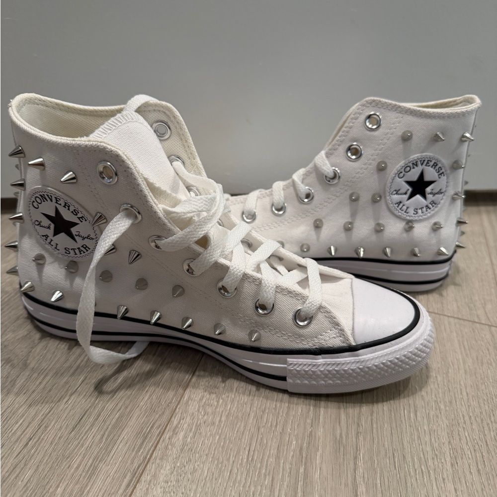 Converse White High-Tops with Silver Spikes